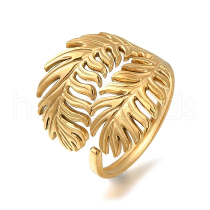 Feather 304 Stainless Steel Open Cuff Ring for Women RJEW-F161-02G-27-1