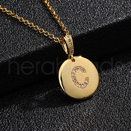Brass Micro Pave Clear Cubic Zirconia Flat Round with Letter Pendant Necklaces FS-WG00655-03-1