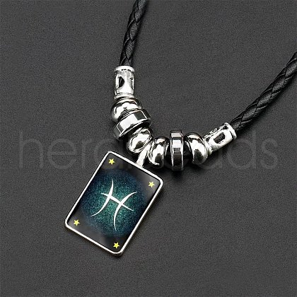 Luminous Rectangle with Constellation Alloy Glass Pendant Black Braided Imitation Leather Cord Necklaces WG00EE9-11-1