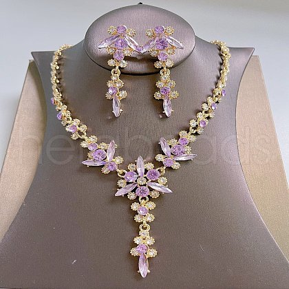 Flower Brass Rhinestone Pendant Necklaces & Stud Dangle Earrings FS-WG58BAB-10-1