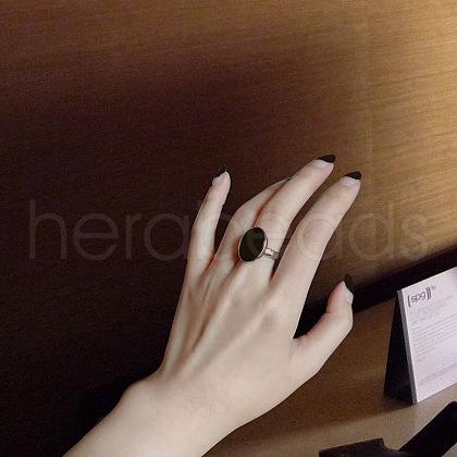 Oval 925 Sterling Silver with Natural Black Agate Finger Rings for Women FS-WG8EDA6-01-1