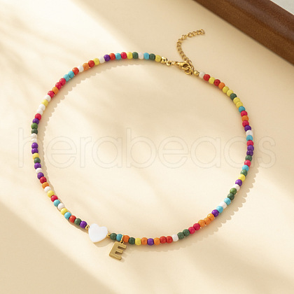 Heart Natural Shell & Colorful Glass Seed Round Beaded Necklaces FS-WGE10D5-05-1