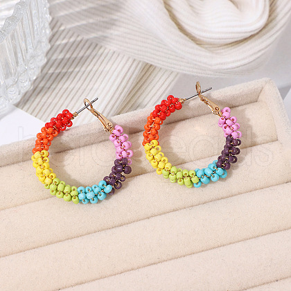 Bohemian Style Iron Glass Seed Beaded Hoop Earrings FS-WG64163-01-1