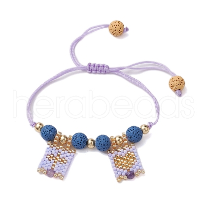 Natural Lava Rock & Natural Amethyst & Glass Seed Beaded Braided Bracelets BJEW-MZ00063-03-1