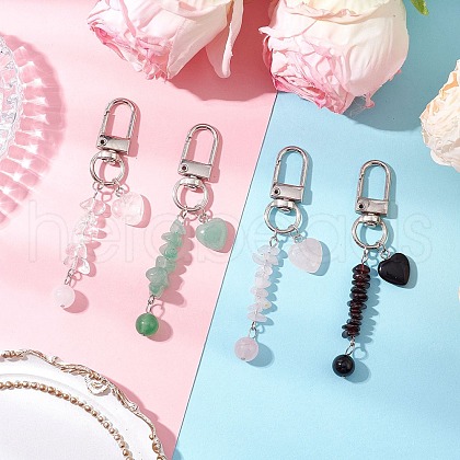 4Pcs Heart Round Natural Green Aventurine & Quartz Crystal & Rose Quartz & Obsidian Pendant Decorations HJEW-JM03194-1