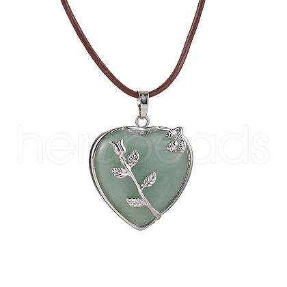 Natural Green Aventurine Heart Pendant Necklace with Cowhide Leather Cords NJEW-JN04598-03-1