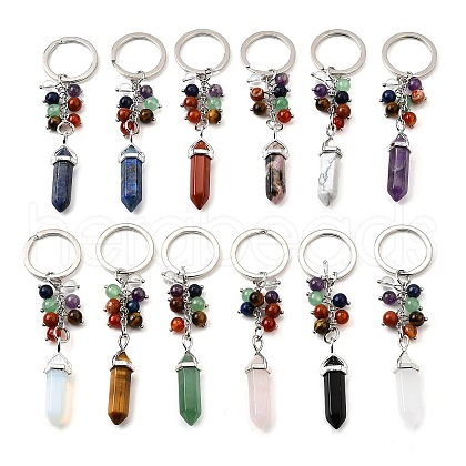 Natural & Synthesis Gemstone Beads with Alloy and Iron Rings Keychains KEYC-Q003-01-1