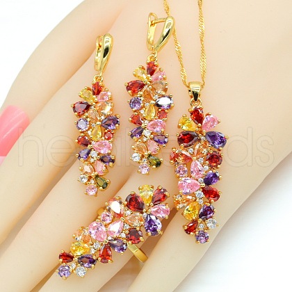 Leaf Brass with Cubic Zirconia Pendant Necklace & Hoop Earring & Ring FS-WG53533-02-1
