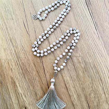 Natural Howlite Mala Prayer Round Beaded Wrap Necklaces with Long Tassel and Metal Tree of Life FS-WG93CBE-08-1