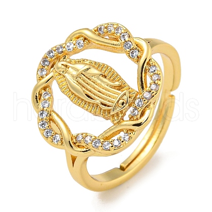 Flower with Saint Rack Plating Brass Micro Pave Cubic Zirconia Adjustable Rings RJEW-I105-04G-04-1