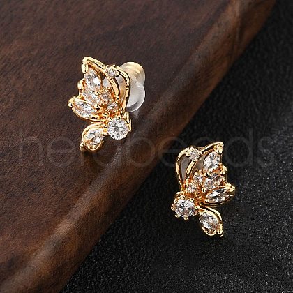 Butterfly Brass Micro Pave Clear Cubic Zirconia Stud Earrings EJEW-B131-01G-1
