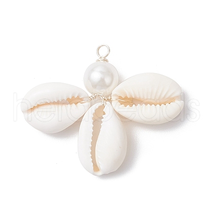 Natural Cowrie Shell & ABS Plastic Imitation Pearl Round Pendants PALLOY-JF03786-1
