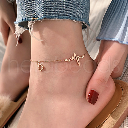 Stainless Steel Heart & Heartbeat Charm Anklets for Women WG96E9F-01-1