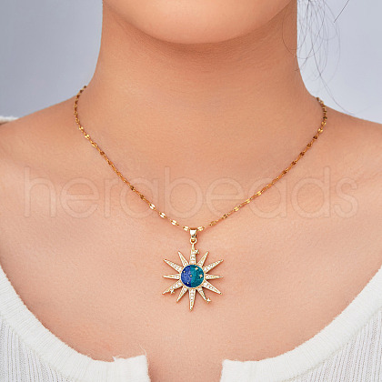Brass Shiny Clear Cubic Zirconia & Blue Enamel Pendant Necklaces for Women JZ5405-2-1