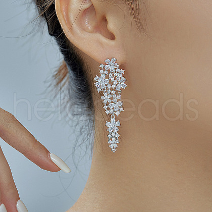 Elegant and Simple Brass Clear Cubic Zirconia Flower Tassel Stud Earrings GP2120-2-1