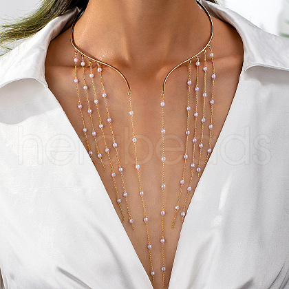 Alloy with Plastic Pearl Round Beaded Tassel Choker Necklaces FS-WGD3D1C-01-1