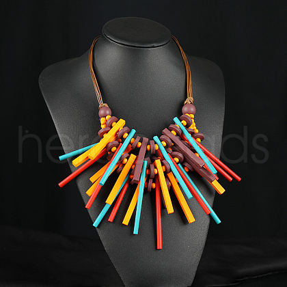 Bohemian Style Wood Beaded Multilayer Rectangle Tassel Necklaces for Women WG93846-06-1