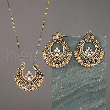 Teardrop & Ring Alloy & Plastic Pearl Enamel Pendant Necklace & Stud Dangle Earrings Sets FS-WG36BCF-01-1