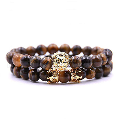 2Pcs Natural Tiger Eye Round Beaded Stretch Bracelets CG7988-10-1