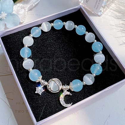 Moon Alloy Cat Eye Round Beaded Charm Bracelets WG18D49-08-1