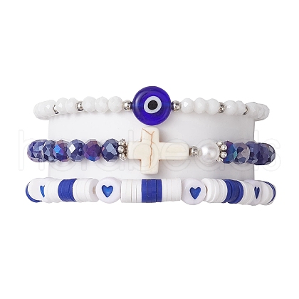 3Pcs Religion Polymer Clay & Glass & Synthetic Turquoise Beaded Stretch Bracelets Kit BJEW-JB10675-02-1