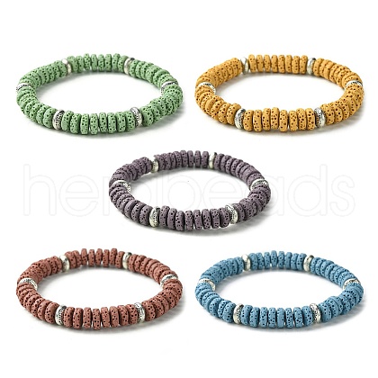 Dyed Natural Lava Rock Flat Round Beaded Stretch Bracelets for Women BJEW-JB09716-1