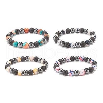 Gemstone & Lava Rock & Synthetic Hematite Round Beaded Stretch Bracelet BJEW-JB07972-1