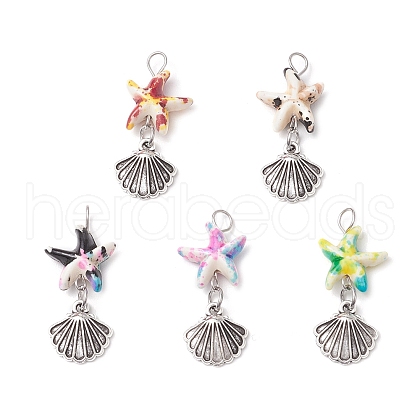 Starfish/Sea Stars Dyed Synthetic Turquoise & Alloy Shell Shape Pendants PALLOY-JF03957-02-1