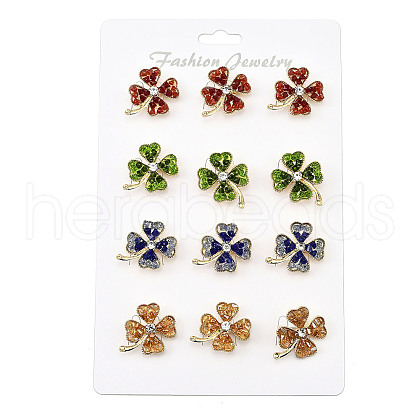 12Pcs 4 Colors Clover Alloy Rhinestone Brooches for Backpack Clothes JEWB-A033-09G-1