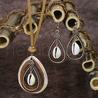 Alloy & Wood & Natural Shell Pendant Necklace & Dangle Earring FS-WGEEC72-01-1