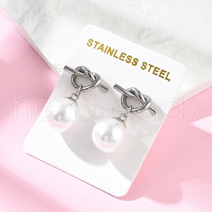 304 Stainless Steel Plastic Imitation Pearl Round Dangle Stud Earrings EJEW-V008-02P-1