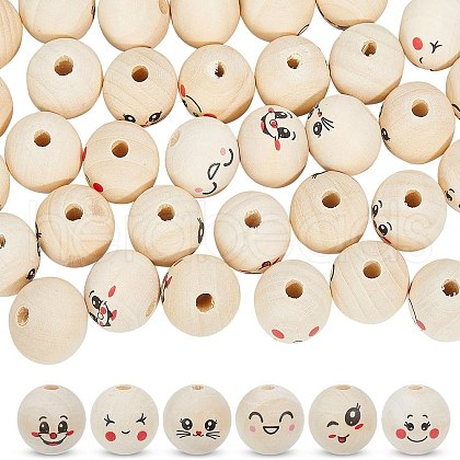 Globleland 60Pcs 6 Styles Unfinished Natural Wood Printed Beads WOOD-GL0001-13B-1