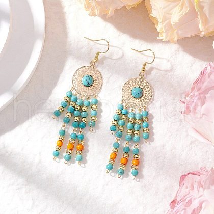 304 Stainless Steel Synthetic Turquoise Flat Round Dangle Earrings EJEW-JE06454-02-1