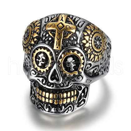 Two Tone Stainless Steel Skull Finger Ring PW-WG85306-04-1