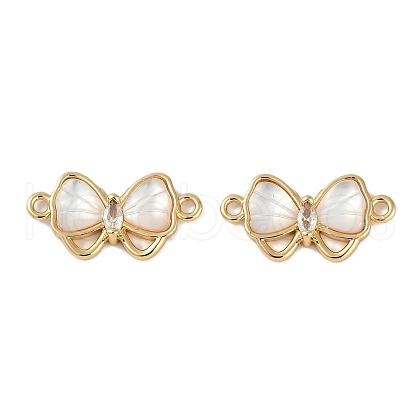 Brass Clear Cubic Zirconia Pave Natural Shell Bowknot Connector Charms KK-P283-06G-1
