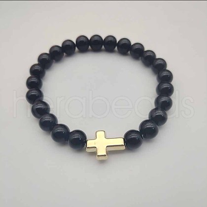 Round Natural Lava Rock Beaded Stretch Bracelets UB6566-3-1