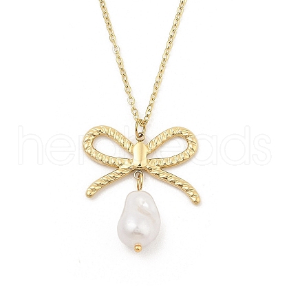 304 Stainless Steel & Plastic Pearl Bowknot Pendant Cable Chain Necklaces NJEW-H044-09G-1
