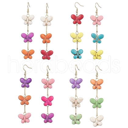 Triple Butterfly Dyed Synthetic Turquoise Dangle Earrings for Women EJEW-JE05899-1