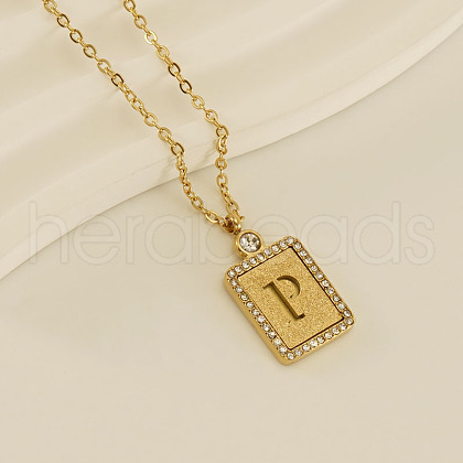 304 Stainless Steel Micro Pave Clear Cubic Zirconia Rectangle with Hollow Letter Pendant Necklaces FS-WGAE794-19-1
