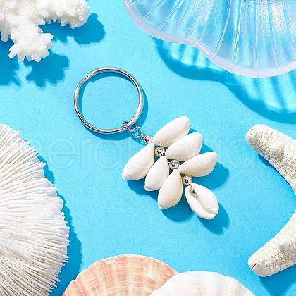 Natural Cowrie Shell Beads with Iron Split Key Rings & Brass Beads Keychain KEYC-JKC01210-1