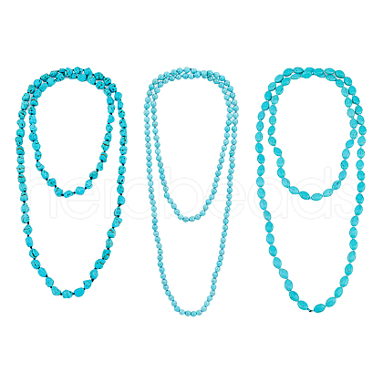 FIBLOOM 3Pcs 3 Style Synthetic Turquoise Oval & Nugget & Round Beaded Necklaces Set for Women NJEW-FI0001-04-1