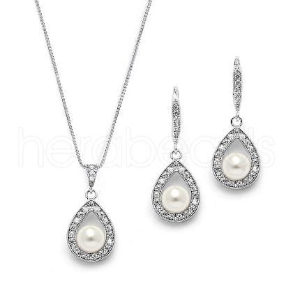 Teardrop Brass Micro Pave Clear Cubic Zirconia with Plastic Pearl Pendant Necklace & Dangle Earring FS-WG2AAB6-02-1