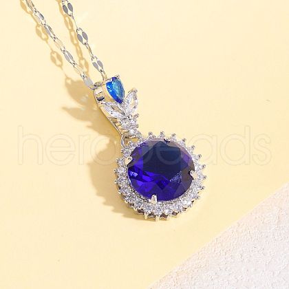 Flat Round Brass Pave Medium Blue Cubic Zirconia Pendant Necklaces for Women FS-WG5AAF4-01-1