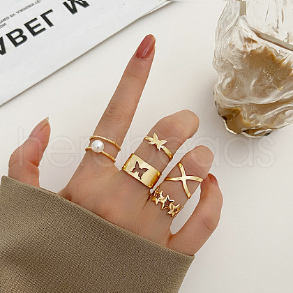 5Pcs Alloy with Plastic Pearl Finger Rings WG2E3D2-12-1