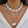 Summer Beach Alloy & Natural Shell & Sky Blue Glass Seed Beaded Shell Shape Pendant 3 Layer Necklaces for Women FS-WG8B7EE-05-1