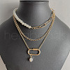 3Pcs Plastic Pearl Round Beaded & Alloy Oval Link Chain Pendant 3 Layer Necklaces for Women FS-WG4C125-01-2