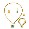 Padlock with Oval Brass & Synthetic Turquoise Pendant Necklace & Stud Earrings & Charm Bracelets & Rings Sets FS-WG6F059-01-5