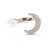 Clear Cubic Zirconia Moon Open Cuff Ring with Imitation Pearl for Women RJEW-A003-01P-2