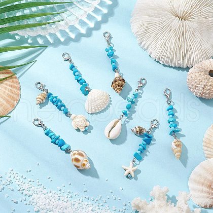 7Pcs 7 Styles Synthetic Turquoise Chip Beads and Natural Spiral Shell Pendant Decorations HJEW-JM02914-1