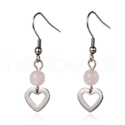 Heart Natural Rose Quartz Dangle Earrings EJEW-JE01884-01-1